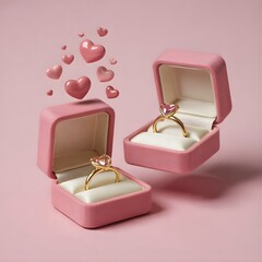 Pink engagement rings in open boxes with floating hearts