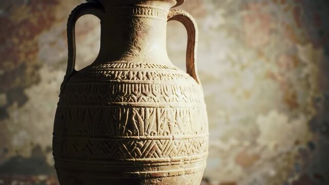 A detailed image of an ancient pottery vase with intricate carvings