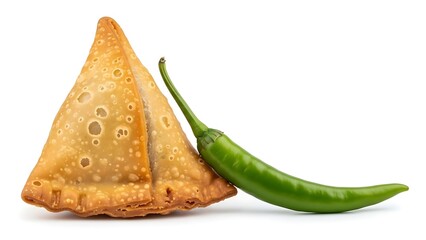 Fototapeta premium Crispy golden fried Indian samosa with a vibrant green chili pepper on a white background.