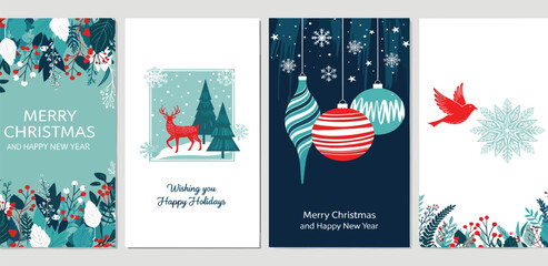 Festive holiday greeting cards with winter nature elements and Christmas ornaments, celebrating the merry season