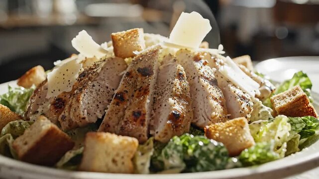 Close up of freshly prepared caesar salad with grilled chicken and croutons