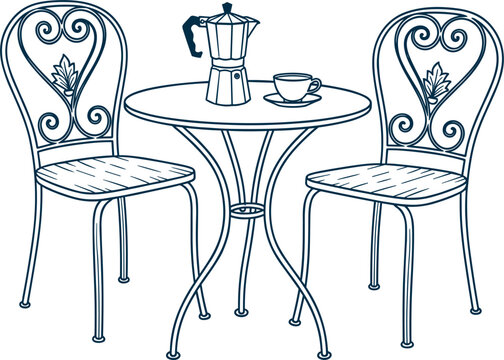 Elegant outdoor French bistro cafe furniture vector set featuring a round wrought iron table and two vintage chairs for patio, restaurant terrace, summer dining, and European street scene design.