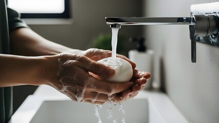 Hands Using Bar Soap in Minimal Bathroom