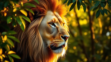 A powerful lion with a detailed mane, basking in golden forest sunlight, exuding strength and majesty.