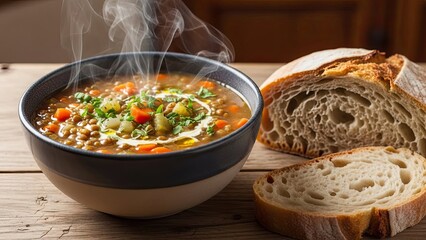 Steaming Hot Soup with Crusty Bread.