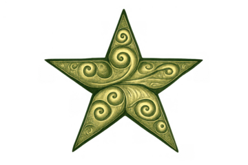 Green star with intricate swirling filigree pattern on transparent background representing award, magic, nature, or achievement