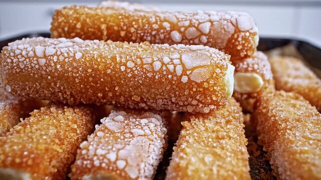 Close up of golden fried food with white filling on a black baking sheet