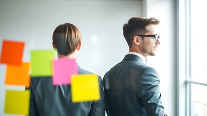 Two young professionals in a modern office, viewed from behind with colorful notes in soft focus.