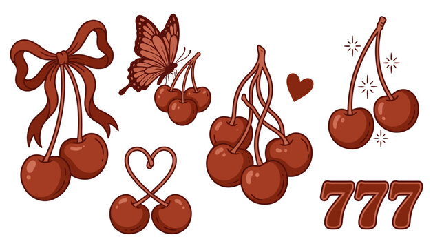 A collection of stylized cherry illustrations including bunches of cherries cherries tied with a bow cherries forming a heart shape a butterfly near cherries and the number 777