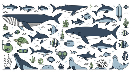 A vibrant collection of marine life and underwater exploration elements, featuring whales, sharks, seals, turtles, fish, coral, and diving equipment.