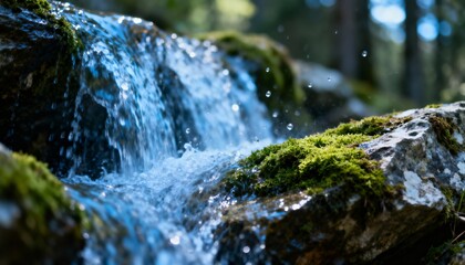 Serene Forest Waterfall with Mossy Rocks and Sparkling Water
