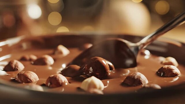 Close up of spoon pouring melted chocolate over hazelnuts