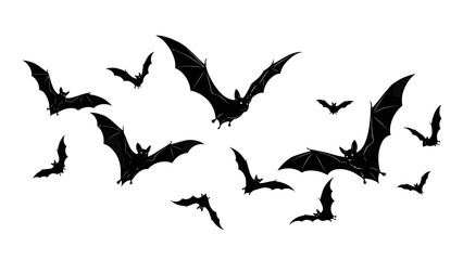 A flock of black silhouette bats flying in a scattered formation against a white background.