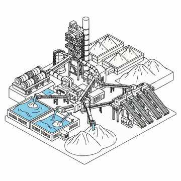 Detailed isometric illustration of a large industrial plant with various processing units.