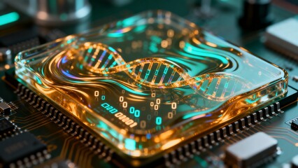 Advanced DNA Computing and Bioinformatics Concept with Glowing Genetic Double Helix on Microchip