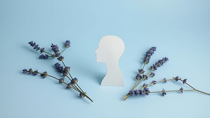 Delicate paper sculpture of a human profile with lavender sprigs, creating a minimalist therapeutic scene.