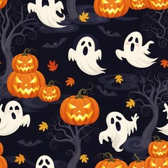 Halloween pattern of pumpkins ghosts and bats on dark background