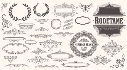 Ornate vintage design elements with calligraphy swirls, swashes, ornate motifs and scrolls. Frames and banners.
