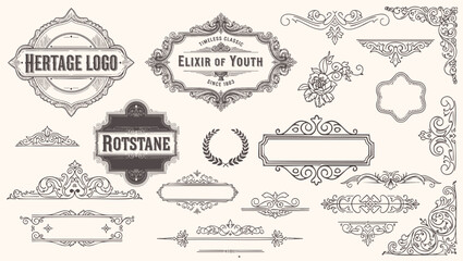 Ornate vintage design elements with calligraphy swirls, swashes, ornate motifs and scrolls. Frames and banners.