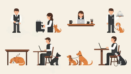 Fototapeta na wymiar People working with pets in office and home environments.