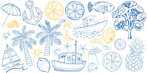 A charming collection of seaside sketches boats citrus and tropical elements © Rakesh