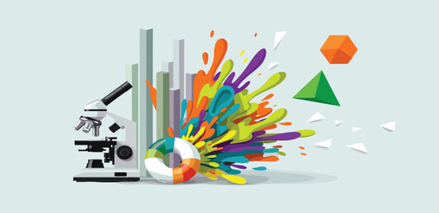 Dynamic visualization showcasing scientific discovery, data analysis, and creative innovation, symbolizing growth, progress, and the exciting blend of research and art