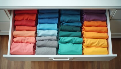Open drawer displays neatly folded t-shirts sorted by color spectrum. Vibrant hues fill container from red orange to yellow blue, purple. Clothes stacked in perfect order for easy selection. Tidy