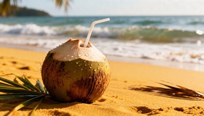 Refreshing Coconut Drink on Sandy Beach with Ocean Waves