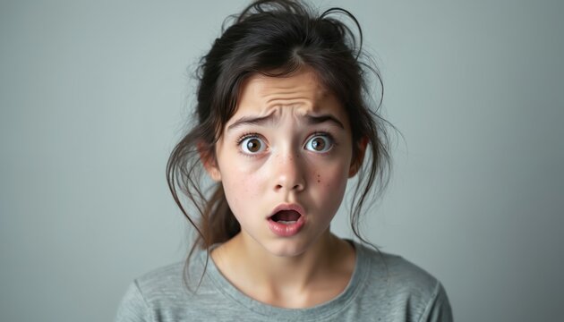 Young girl shows shock and surprise with wide eyes and open mouth. Her forehead is creased with anxiety and disbelief on a plain grey background. She expresses strong emotion.