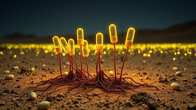 Surreal still life of glowing vitamin capsules taking root in a barren desert, blending organic and artificial.