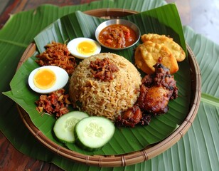 Delicious Nasi Lemak with chicken, egg, and vegetables on banana leaf