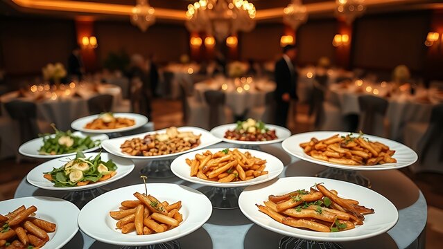 Catering food display at wedding reception, overhead view with elegant plating and blurred banquet background.