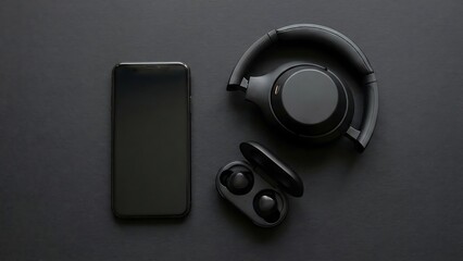 Flat lay of modern black smartphone, foldable headphones, and wireless earbuds on a dark surface.