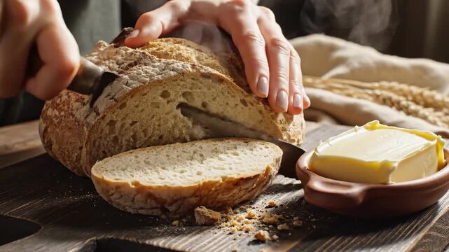 Cutting fresh bread with butter and wheat on a wooden board