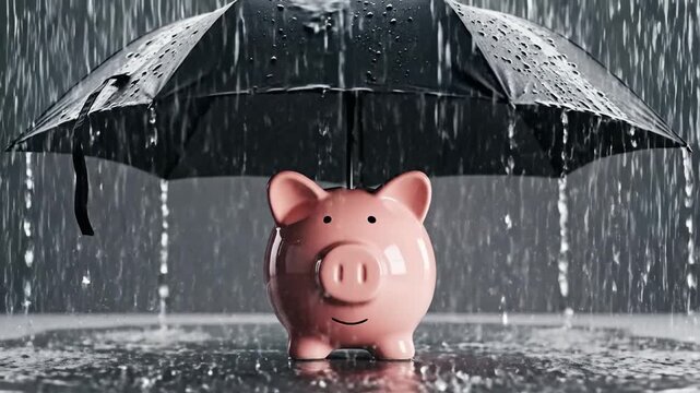 A pink piggy bank shielded by a black umbrella, captured during heavy rainfall in a studio setting