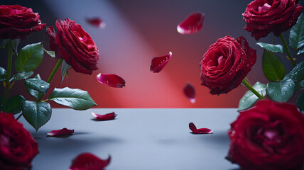 Red roses with falling petals on a gradient background