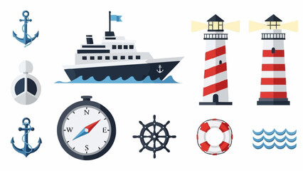 Nautical theme elements including ship anchor compass and lighthouse. © Sosi