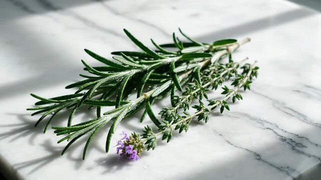 Fresh rosemary and thyme sprigs on white marble surface
