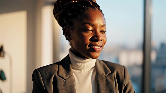 A portrait of a woman of color, smiling radiantly while looking out of a window