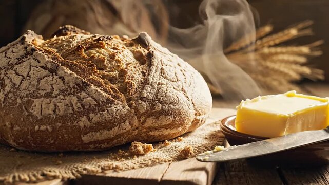 Freshly baked loaf of bread with butter on wooden board closeup