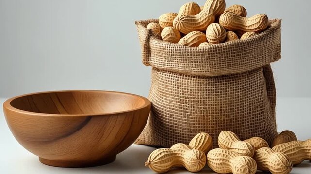 Harvested Peanuts in Burlap Sack with Wooden Bowl
