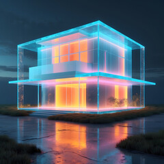Futuristic Neon Glass House Architecture with Translucent Glow at Neon Night