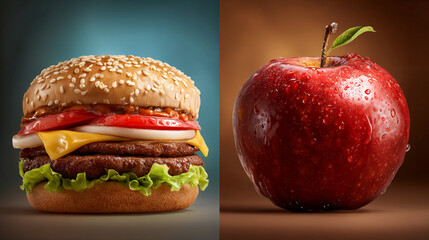 Delicious double cheeseburger with fresh ingredients contrasted with a vibrant red apple, symbolizing healthy vs. unhealthy food choices and dietary decisions.
