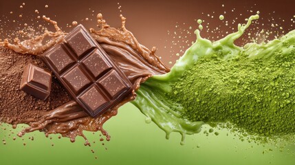 Rich chocolate squares rest beside a lively splash of matcha powder, creating an artistic blend of textures and colors that tantalizes the senses and sparks creativity