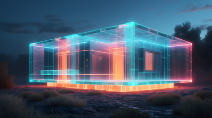 Futuristic Neon Glass House Architecture with Translucent Glow at Neon Night