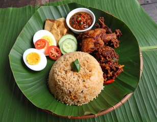 Traditional Indonesian Nasi Goreng dish served on banana leaf