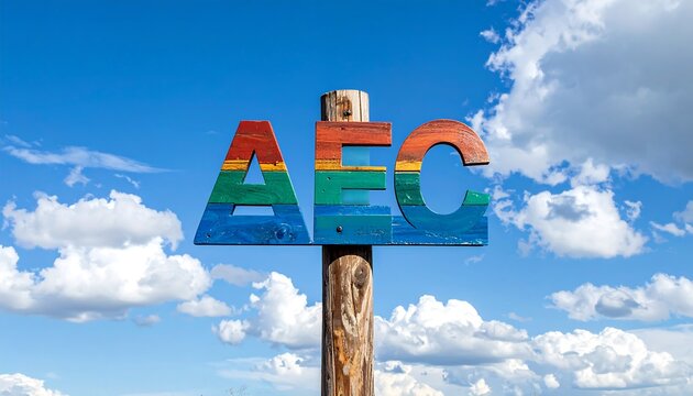 Colorful AEC Sign Against a Bright Blue Sky with Clouds.
