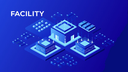 Flat illustration of a high tech virtual facility with futuristic architecture and blue neon