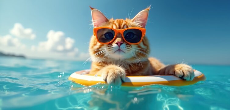 Ginger cat wearing orange sunglasses floats on inflatable ring in clear blue ocean. Sunny day, bright sky, fluffy clouds above tranquil sea water, summer vacation vibes.