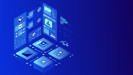 Flat vector illustration of a smart system monitor with multiple screens and interface